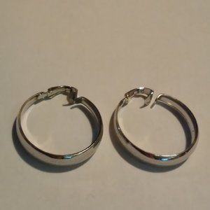 Silver Hoop Earrings Clip On 1 1/4" with Design On Them Silver